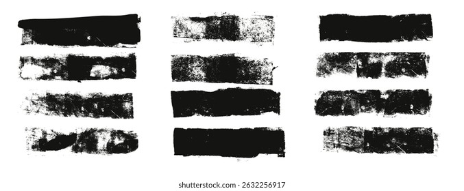 Straight thick grunge underlines. Linocut rolled brush stroke set. Handmade ink rectangle rough stamps. Vector black paint lines shapes. Dry marker or brayer smear textures Smudge wide figures