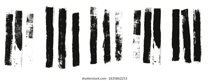 Straight thick grunge underlines. Linocut rolled brush stroke set. Handmade ink rectangle rough stamps. Vector black paint lines shapes. Dry marker or brayer smear textures Distressed vertical figures