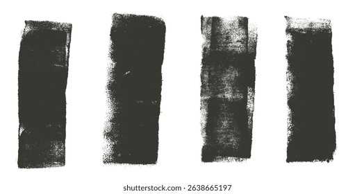 Straight thick grunge underlines. Linocut rolled brush stroke set. Handmade ink rectangle rough stamps. Vector black paint lines shapes. Dry marker or brayer smear textures. Distressed figures.