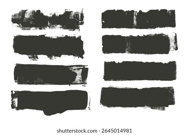 Straight thick grunge underlines. Linocut rolled brush stroke set. Handmade ink rectangle rough stamps. Vector black paint lines shapes. Dry marker or brayer smear textures Irregular figures