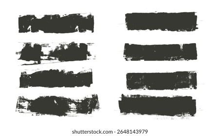 Straight thick grunge underlines. Linocut rolled brush stroke set. Handmade ink rectangle rough stamps. Vector black paint lines shapes. Dry marker or brayer smear textures Irregular figures