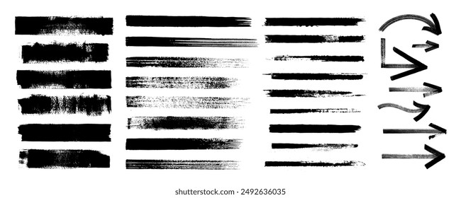 Straight thick vector lines and arrows. Black hand drawn brushstroke text boxes. Chinese, Korean, Japanese calligraphy brushstroke set. Rough grunge thick gouache paint texture. Sketchy ink rectangles