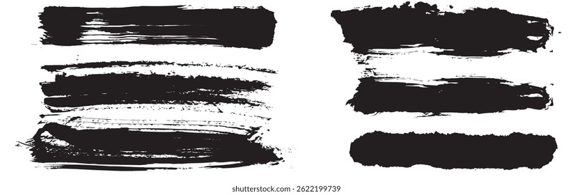 Straight thick vector lines. Black hand drawn brushstroke text boxes. Chinese, Korean, Japanese calligraphy brushstroke set. Rough grunge thick gouache paint texture. Sketchy ink rectangle textboxes