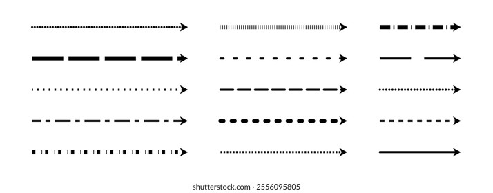 Straight thin dash arrows collection. Black long dotted arrow set. Linear dashed stripe elements bundle for flyer, poster, brochure, booklet, banner. Doodle sketch pointers or direction lines. Vector