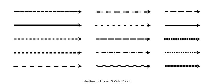 Straight thin dashed arrow set. Black long dotted arrows collection. Linear stripe element bundle for flyer, poster, brochure, booklet, banner. Doodle sketched pointers or direction lines. Vector