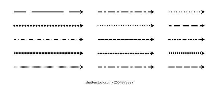 Straight thin dashed arrows collection. Black long dotted arrow set. Linear stripe elements bundle for flyer, poster, brochure, booklet, banner. Doodle sketched pointers or direction lines. Vector