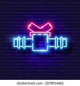 Straight through ball valve neon icon. Irrigation system, watering system, hose and accessories glowing sign. Vector illustration for design, website, advertising, store, goods