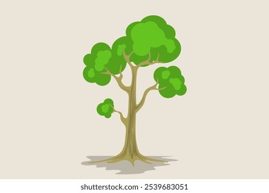 Straight tree with green leaves and roots 