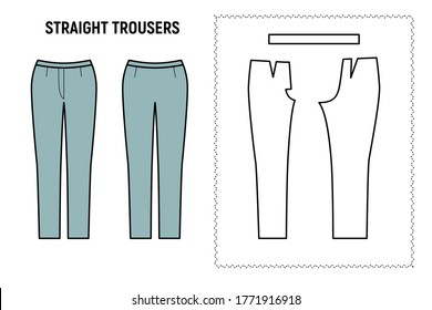 Straight trousers for woman. Pants vector pattern for tailor. Technical design illustration and sketch.