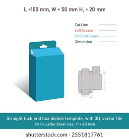 Plantilla recta del dieline de la caja del extremo del tuck, con 3D, archivo del Vector