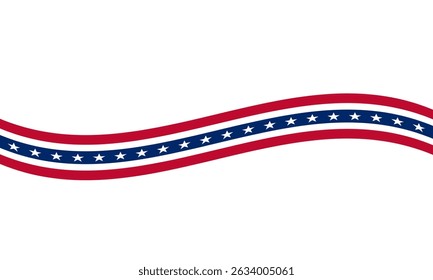 Straight USA flag ribbon banner with red, white, and blue stars and stripes, flat patriotic design for American Independence Day, Fourth of July, election campaign, national celebration background