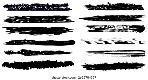 Straight and wave paint line set. Thin to thick sketch brush stroke collection. Rough charcoal curved stripes for highlight, underline, emphasis. Vector hand drawn long and short crayon chalk strips