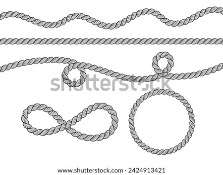 Straight, wavy, circle and infinity rope brush and pattern, black monochrome silhouette. Flat vector illustration isolated on white background.