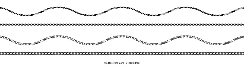 Straight and wavy rope, black monochrome silhouette and outline. Flat vector illustration isolated on white background.