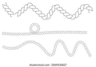 Straight and wavy rope, black monochrome silhouette and outline. Flat vector illustration isolated on white background.