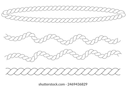 Straight and wavy rope, black monochrome silhouette and outline. Flat vector illustration isolated on white background.