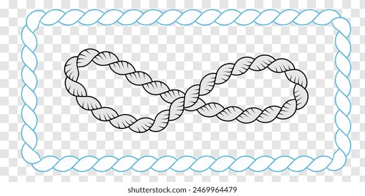 Straight and wavy rope, black monochrome silhouette and outline. Flat vector illustration isolated on white background. Eps10.