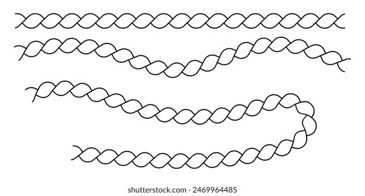 Straight and wavy rope, black monochrome silhouette and outline. Flat vector illustration isolated on white background. Eps10.