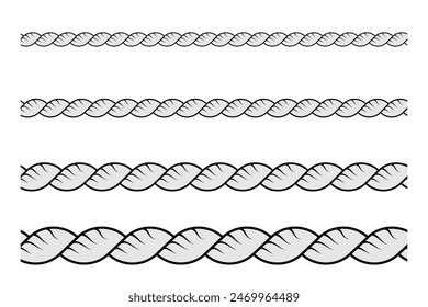 Straight and wavy rope, black monochrome silhouette and outline. Flat vector illustration isolated on white background. Eps10.