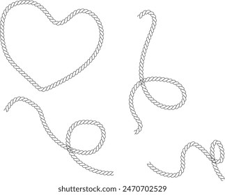 Straight and wavy rope, black monochrome silhouette and outline. Flat vector illustration isolated on white background.
