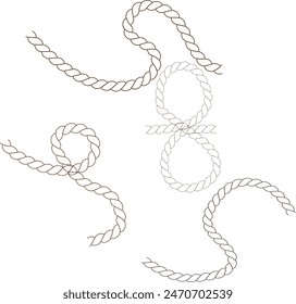 Straight and wavy rope, black monochrome silhouette and outline. Flat vector illustration isolated on white background.