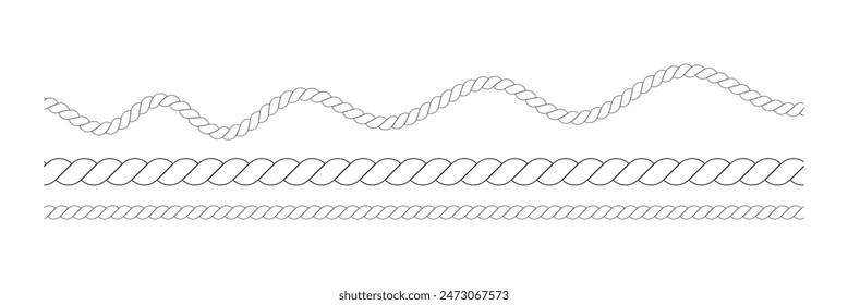 Straight and wavy rope, black monochrome silhouette and outline. Flat vector illustration isolated on white background.