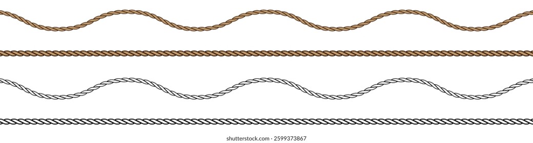 Straight and wavy rope, brown colored silhouette and black outline. Flat vector illustration isolated on white