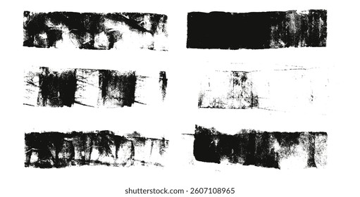 Straight wide grunge lines. Linocut rolled brush stroke set. Handmade ink rectangle rough stamps. Vector black paint underlines shapes. Dry marker or brayer smear textures. Distressed figures.