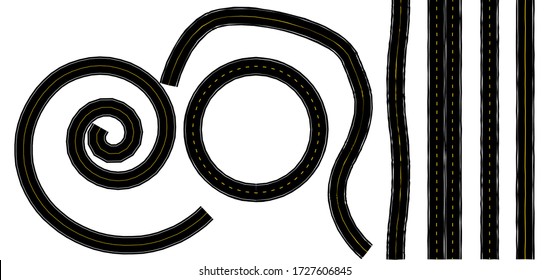 Straight and winding road black color and white and yellow markup.The road is distorted stylistically.Circle road. Highway or roadway background.Stock vector illustration on white isolated background.