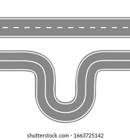 Straight and winding road for cars. Asphalt roads with markings. Highway or highway background. Vector illustration