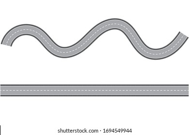 Straight and winding road lane. Seamless asphalt road template isolated on white background. Highway or roadway background. Vector illustration. Copy space for design