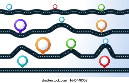 Straight and winding road road with pin. Seamless pattern asphalt roads template. Highway or roadway background. Vector illustration