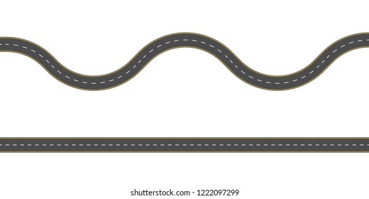 Straight and winding road road. Seamless asphalt roads template. Highway or roadway background. Vector illustration.