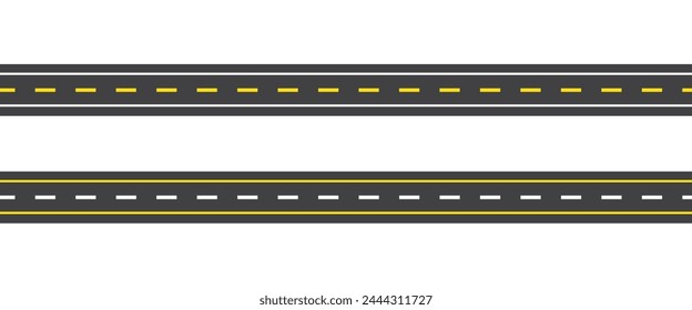 Straight and winding road road. Seamless asphalt roads template. Highway or roadway background. Vector illustration. Seamless highway marking Isolated on background.