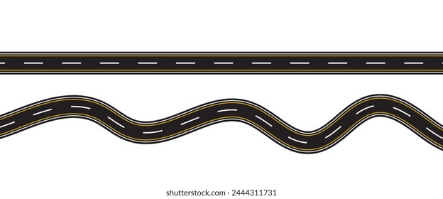 Gerade und kurvenreiche Straße. Nahtlose Asphaltstraßen Vorlage. Autobahn oder Fahrbahnhintergrund. Vektorillustration. Nahtlose Autobahnmarkierung Isoliert auf Hintergrund.