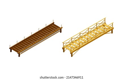 Straight Wooden Bridge with Balustrade Railing Vector Set