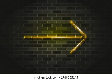 Straight yellow arrow glowing neon sign or glass tube. Realistic vector illustration. Black brick wall, soft shadow.