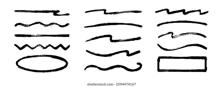 Straight, zigzag and wavy paint line set. Sketch brush stroke and frames collection. Rough charcoal stripes and forms for highlight, underline, emphasis. Vector hand drawn textured crayon chalk strips