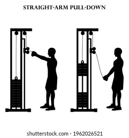 Straight-arm pull-down exercise workout vector illustration silhouette on the white background. Vector illustration