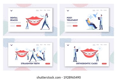 Straighten Teeth Landing Page Template Set. Dentist Characters Install Braces to Patient, Orthodontist Treatment, Dentistry Equipment Installation, Teeth Alignment. Cartoon People Vector Illustration