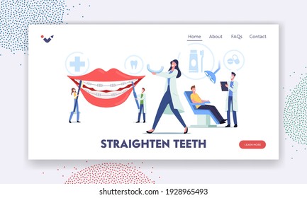 Straighten Teeth Landing Page Template. Dentist Characters Install Braces to Patient, Orthodontist Treatment, Dentistry Equipment Installation for Teeth Alignment. Cartoon People Vector Illustration