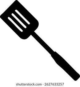 A straightforward black spatula is presented with clean lines and a smooth handle, emphasizing its functional design and utility for cooking applications on a white surface.