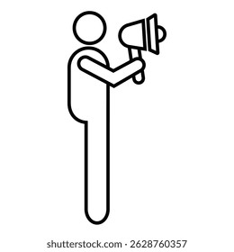 A straightforward black and white line art icon of a stick figure standing upright and holding a megaphone. representing general announcements, public speaking, alerts.