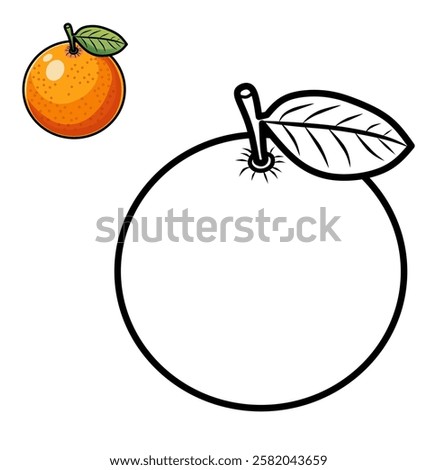 A straightforward drawing of an orange with a round body and a small green leaf on top. The version below is a black and white outline suitable for preschoolers’ coloring activities.