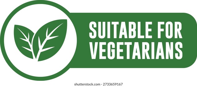 Ein einfaches, horizontales grünes Etikett mit einem markanten weißen Kreis, der zwei stilisierte grüne Blätter umschließt, begleitet von dem fetten, weißen Text "GEEIGNET FÜR VEGETARIER" auf rechteckigem, grünem Hintergrund, der deutlich anzeigt, dass ein Produkt oder ein Artikel den vegetarischen Ernährungsstandards entspricht, wodurch gesunde und pflanzliche Lebensmittelauswahl für Verbraucher gefördert wird, die nach spezifischen Informationen über die Ernährung suchen.
