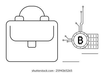 A straightforward illustration includes a business briefcase with a clenched clasp on the left and a Bitcoin symbol featuring digital circuit elements on the right. Ideal for financial services