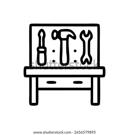 A straightforward line drawing depicts a workbench displaying a hammer, screwdriver, and wrench. The tools are neatly arranged on a simple board.