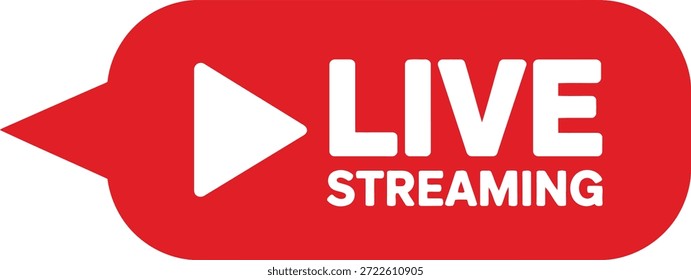 Uma faixa "Live Streaming" simples em vermelho e branco com um botão de reprodução, adequado para transmissões em tempo real e em vídeo on-line.