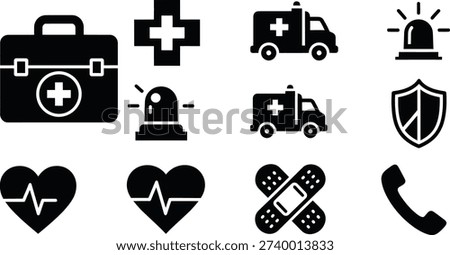 A straightforward set of black silhouette icons representing emergency first aid, medical response, and general healthcare safety.