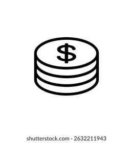 Ilustração em vetor simples apresentando uma pilha de três moedas adornadas com um símbolo de dólar, renderizadas como arte de linha nítida e em negrito. Isoladas sobre um fundo transparente.